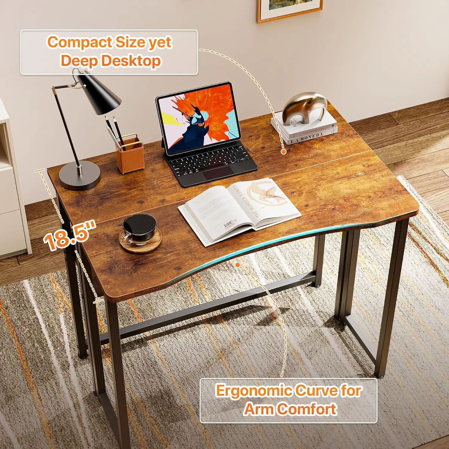 31.5 Inch Foldable Computer Desk with Storage Shelf, Space Saving Office Table for Small Spaces, Rustic Brown