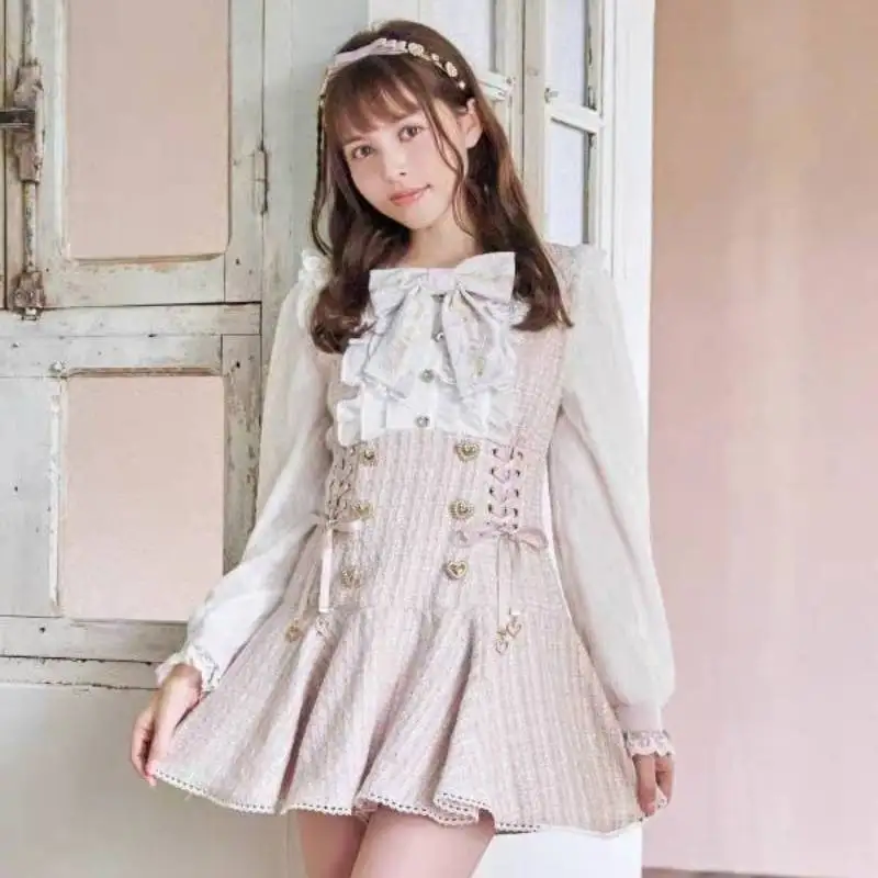 

Japanese Sweet Lolita 2-Piece Outfit Women Tweed Plaid Dress + Shorts Set with Bow Heart Buttons