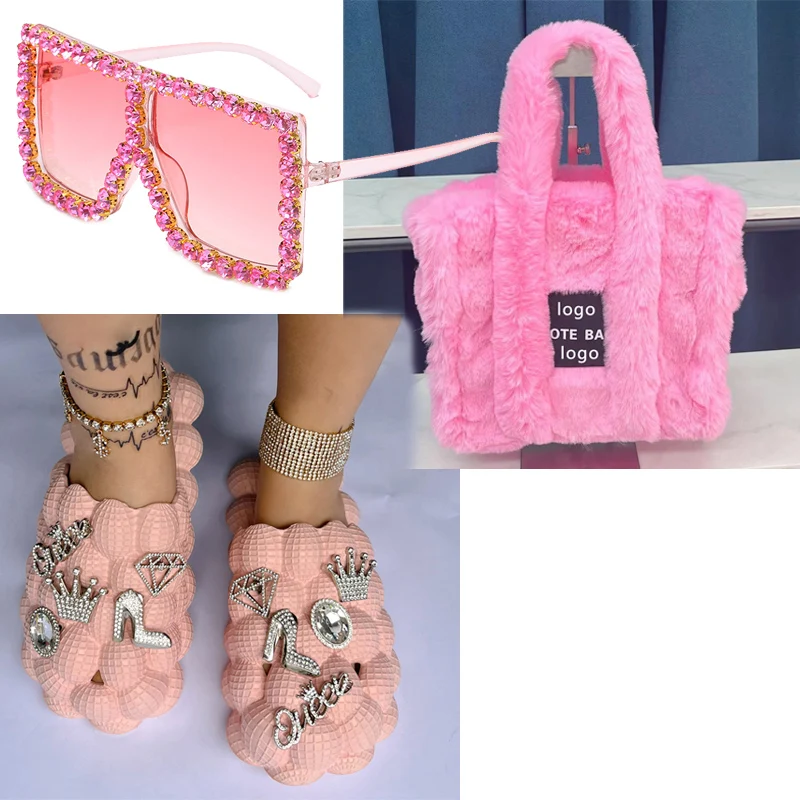 Women Summer New Bubble Shoes Anti-slip Massage Slippers Fashion Plush Tote Bag Large Capacity One-shoulder Fur Bag Shoe Bag Set