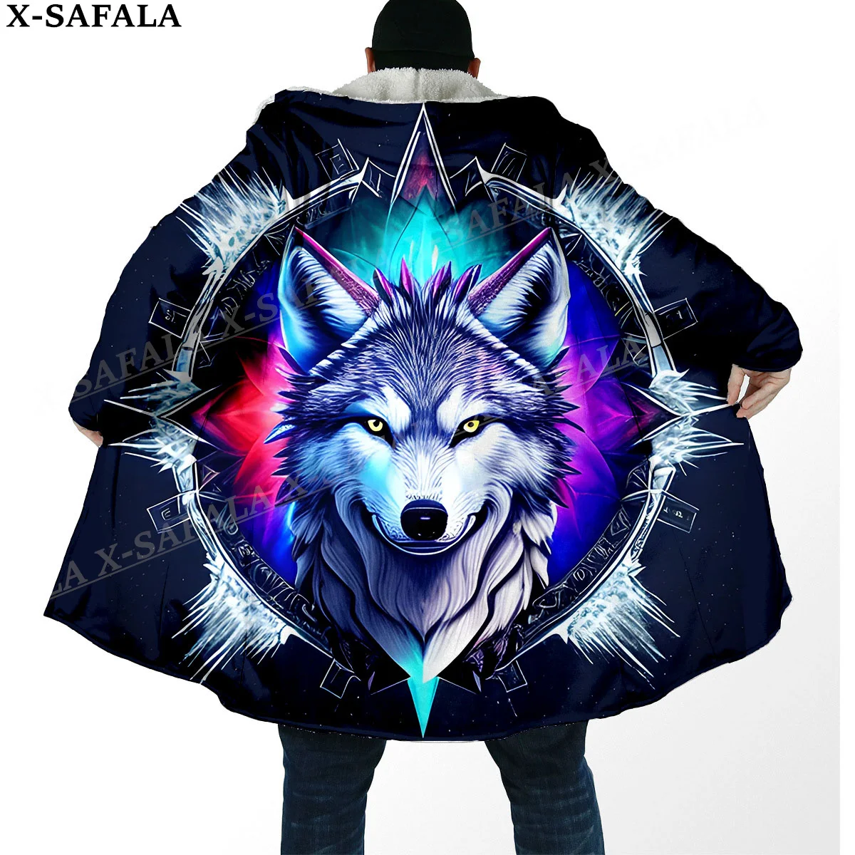 หมาป่าสัญลักษณ์ไวกิ้งสัตว์ Tattoo Bear Overcoat Coat 3D พิมพ์หนาเสื้อคลุมคลุมด้วยผ้าผู้ชาย Windproof ขนแกะ Unisex Casual-1