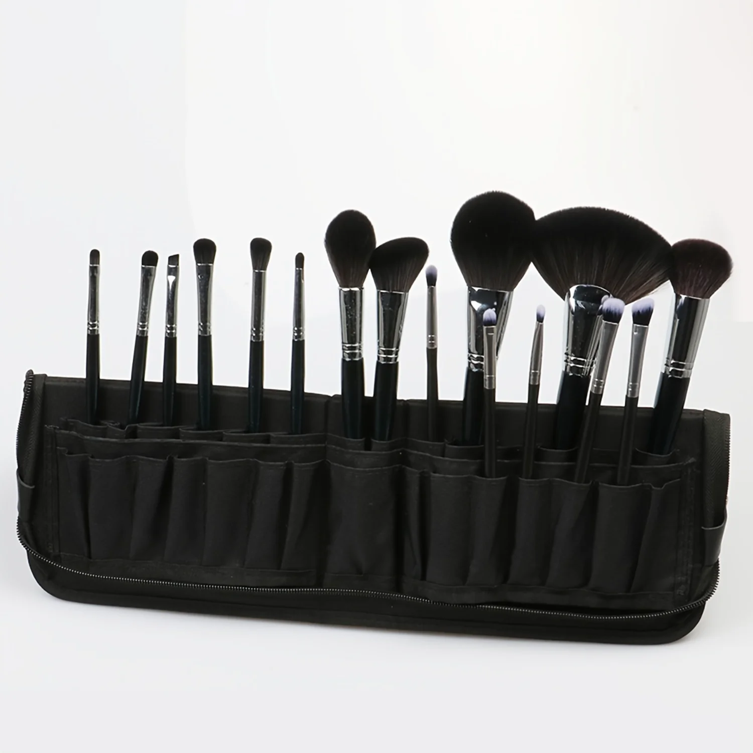 Black Minimalist Makeup Brushes  Bag With 29 Grids, Lightweight Foldable Cosmetic Tools Bag