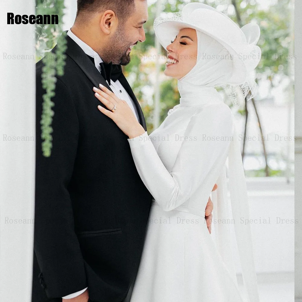 Muslim 2024 Ivory A-line Wedding Dress Full High Collar Satin Draped Pleat Floor Length Brush Train Bride Dresses robe de mariée