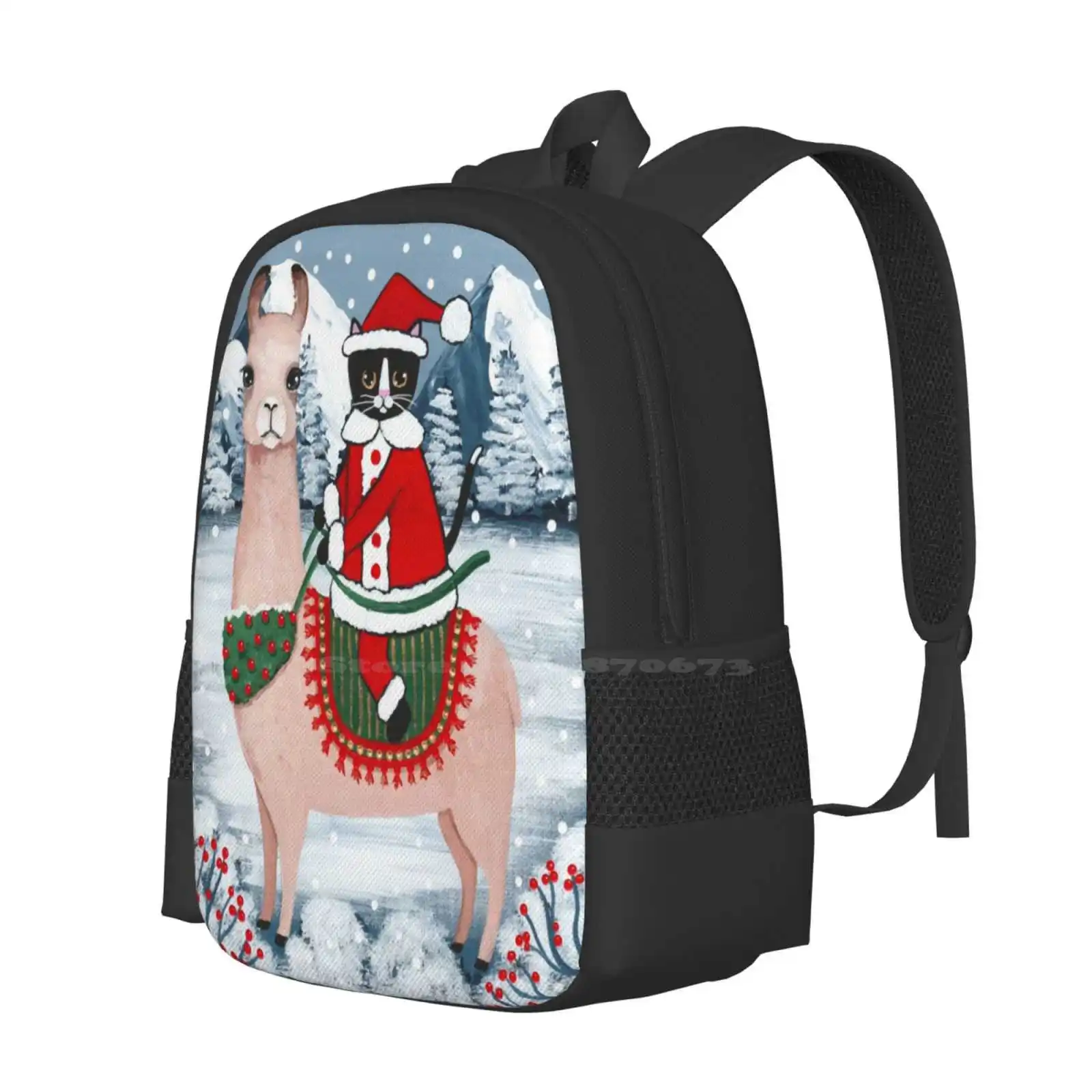 Santa Claws Cat And Llama Teen College Student Backpack Pattern Design Bags Original Folk Art Winter Whimsical Tuxedo Cat Llama