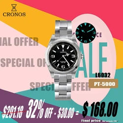 Cronos EX Orologio meccanico da uomo 36mm PT5000 SW200 Bracciale con boccole in vetro zaffiro automatico 10ATM L6032