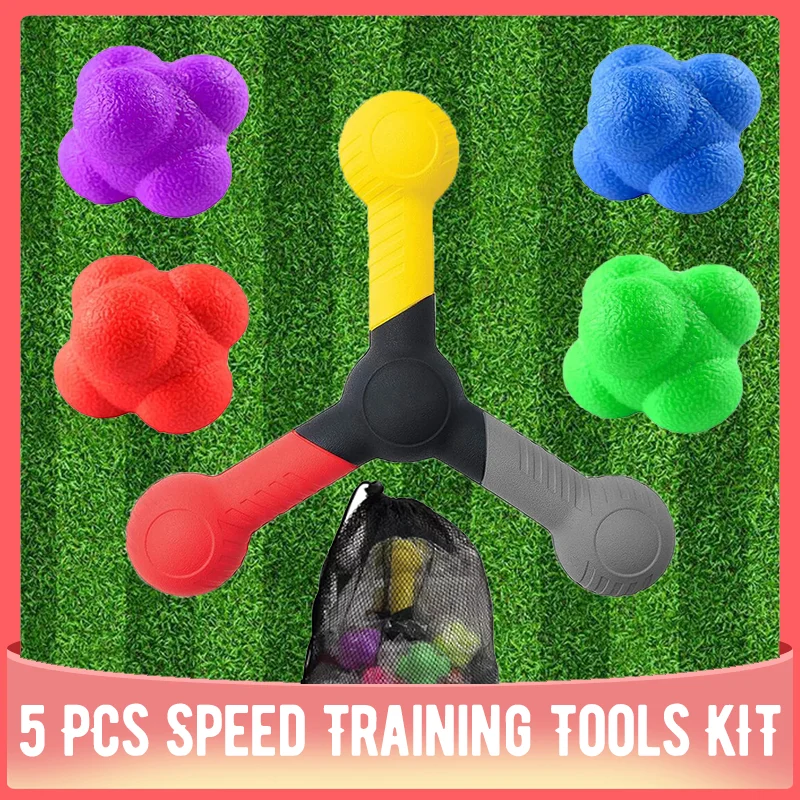 5 PCs Reaction Speed Training Tools Kit Hand Eye Coordination Stick, 4 Rubber Reaction Balls, Improve Reflex, Agility and Foc