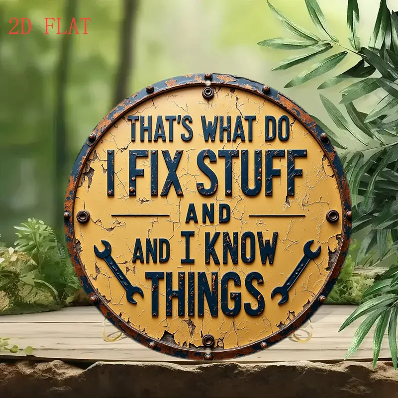 2D Flat, 2D Flat 20.32 cm Fix Stuff Sign with Wrench Icons and Rustic Design Round Aluminum Wall Round Sign | 1pc, Holiday Gifts