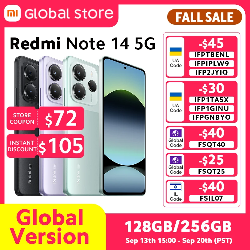 샤오미 레드미 노트 14 5G 스마트폰 글로벌 버전 NFC 108MP 128GB/256GB ROM 카메라 MTK 디멘시티 7025-울트라 45W 터보 충전