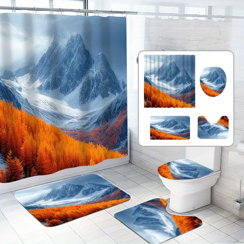 4pcs, Maple Forest Snow Mountain Shower Curtain Set, Beautiful Winter Scenery, with 12 Hooks, Polyester Fabric, Bathroom