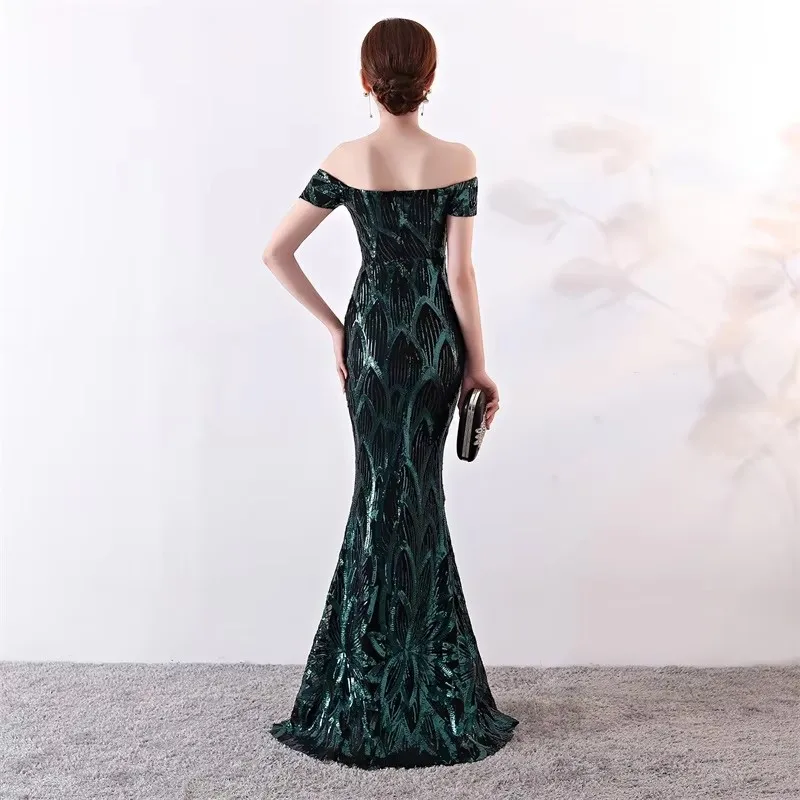 

One-shoulder dress long fishtail sequin evening dress slimming banquet evening host dress