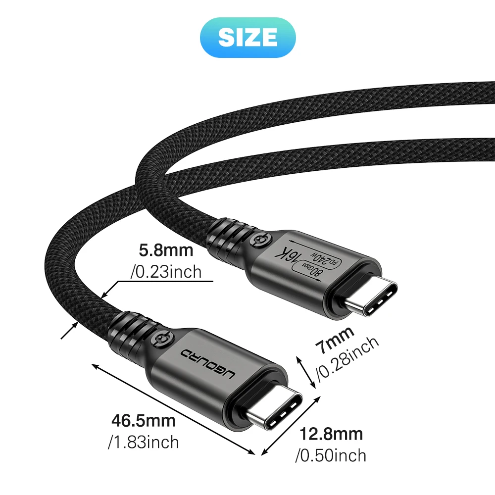 UGOURD 80Gbps Thunderbolt 5 كابل رقاقة معتمدة USB-C Thunderbolt5 2m 0.3m 120Gbps 240W 16K لمحرك الأقراص الصلبة MacBook M.2 USB4-V2