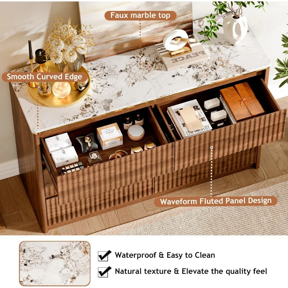 خزانة ملابس مخدد لغرفة النوم مع 6 أدراج، خزانة ذات أدراج حديثة 47.2 مع سطح من الرخام الصناعي، تصميم منحني، خزانة تلفزيون S