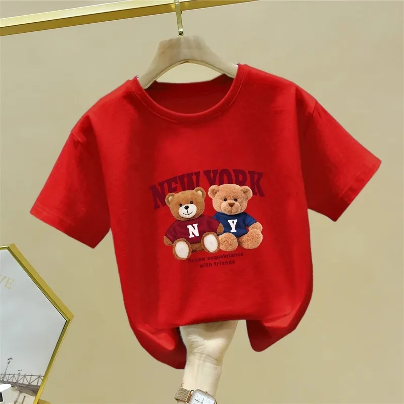 

Новая летняя детская футболка с круглым вырезом и половиной рукавов с медведем для мальчиков, детская одежда, одежда для мальчиков, одежда для девочек, ткань из полиэфирного волокна