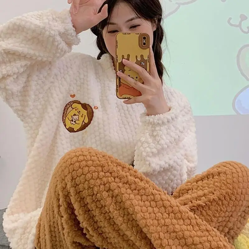 

Sanrio Pompom Purin Winter Pajama 2 Piece Set Kawaii Cartoon Women Warm Sleepwear Long Sleeve Pant Coral Fleece Pyjama Home Wear