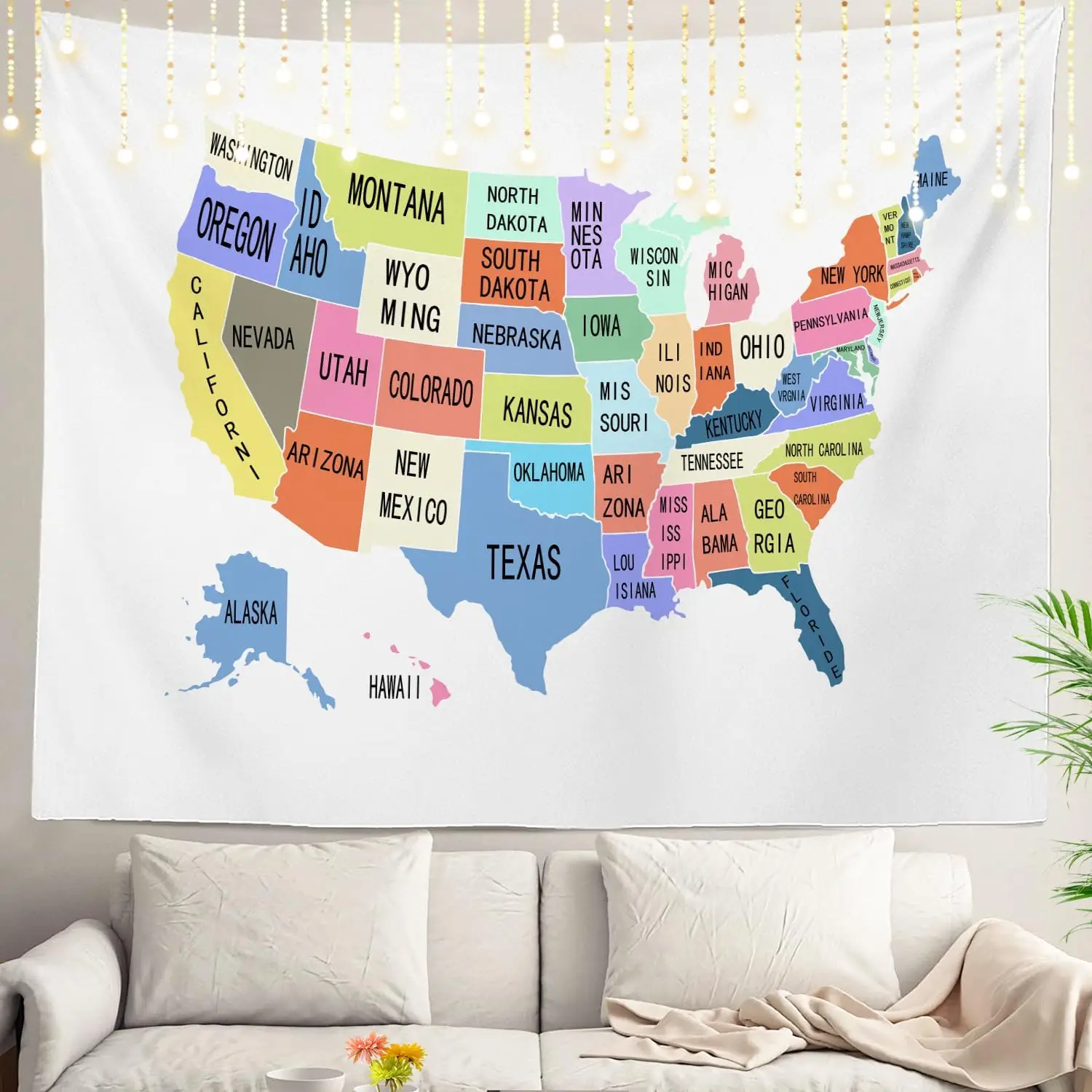 Minimalist US Map Tapestry, Pastel Colored United States Map with State Labels Print Wall Hanging, Great For Dorm & Office Decor