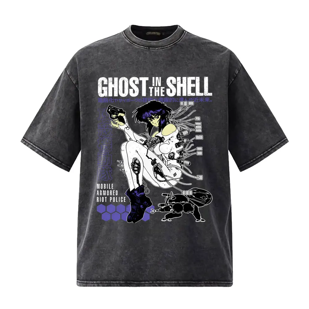 

Anime Ghost in The Shell Washed Vintage T-shirt 90s Manga Kusanagi Motoko T-shirts Men Women Fashion Retro Oversized T Shirts