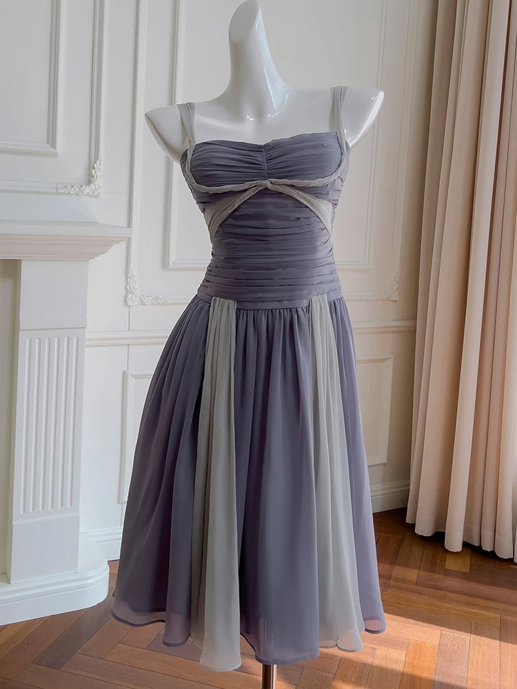 Faionable ter Ne robe en violet avec plis taille haute jupe trapèze pour les rendez-vous de vacances usage quotidien fibre de polyester Dr