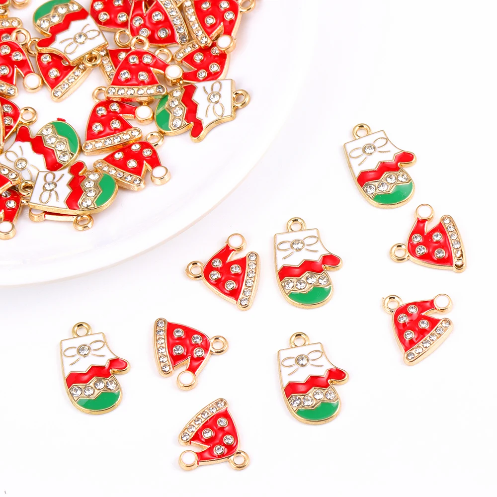 

20Pcs/Lot 15*13 Lovely Metal Enamel Rhinestone Christmas Hat Gloves Charms Pendants For DIY Earrings Keychain Jewelry Making