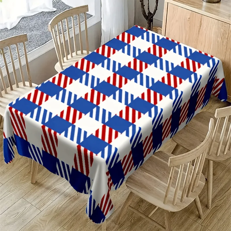 Houndstooth Tablecloth, White Background With Red Blue Check Pattern, Rectangular Table Cover for Stylish Home Table Decor