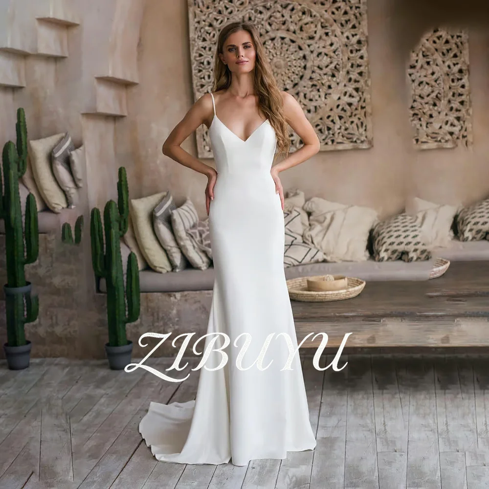 

Свадебное платье ZIBUYU на заказ, минималистичное, из атласа, с тонкими бретелями, глубоким V-образным вырезом, открытой спиной, силуэт «русалка», длина в пол, со шлейфом