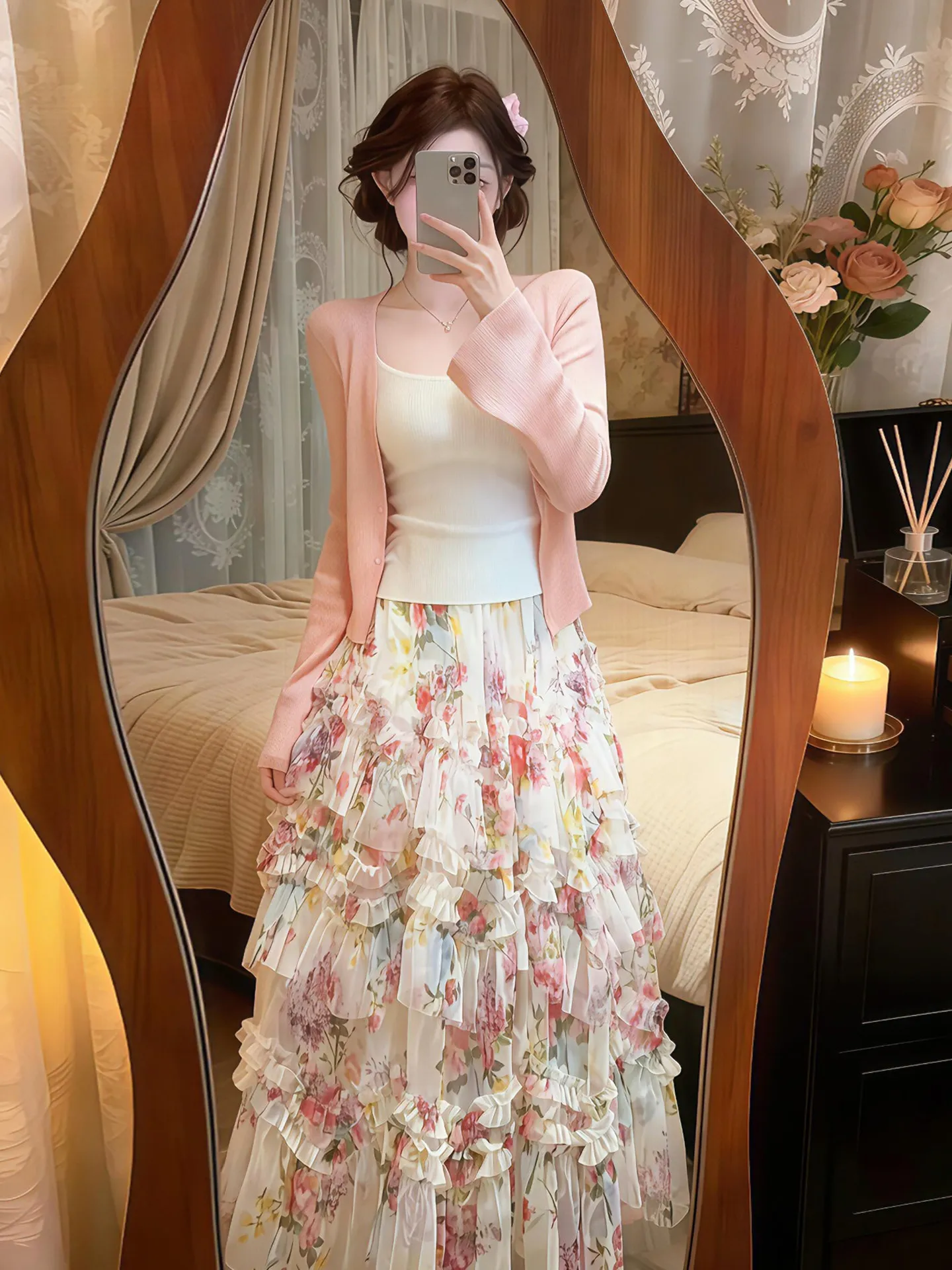 

Dopamine Gentle Wind Clothing Set Women's Spring Pink Open Cardigan Strap Mesh Skirt Three-piece Set Fashionable Casual Workwear