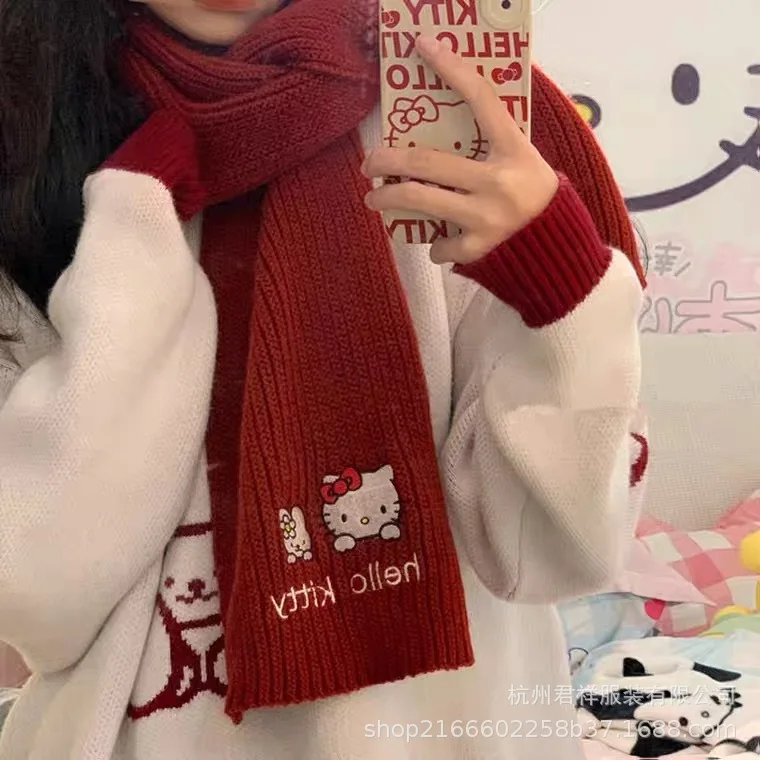 

Kawaii HelloKittys Scarf Anime Cute Portable Versatile Thicken Ins Knitted Scarf Insulation Red Scarf Good Looks Gift Wholesale