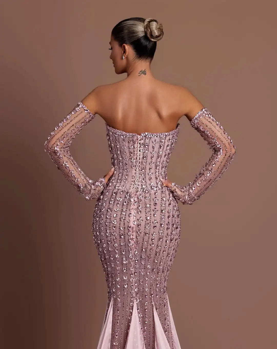 Luxe trend zeemeermin off-shoulder kristal kralen pure mouw chiffon ruches vloerlengte slanke avond prom formele feestjurk