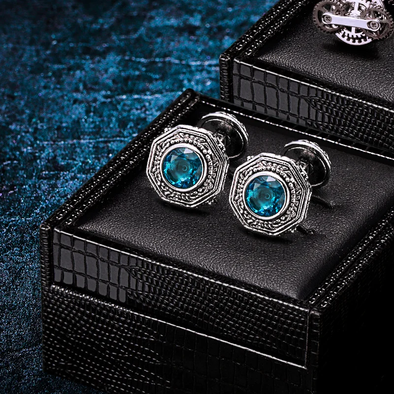 

KFLK Brand High Quality for Men's Shirt Double Blue Crystal Cufflinks Wedding Gift Buttons Guests