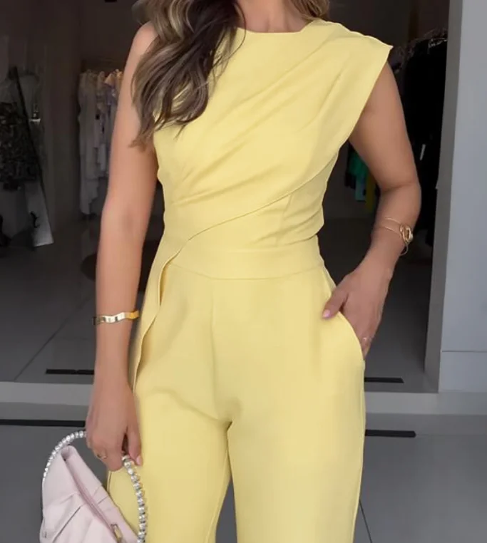 Jumpsuit Women 2025 Summer Solid Color Sleeveless Ruched Irregular Jumpsuit Casual Round Neck High Waist Jumpsuit with Pockets