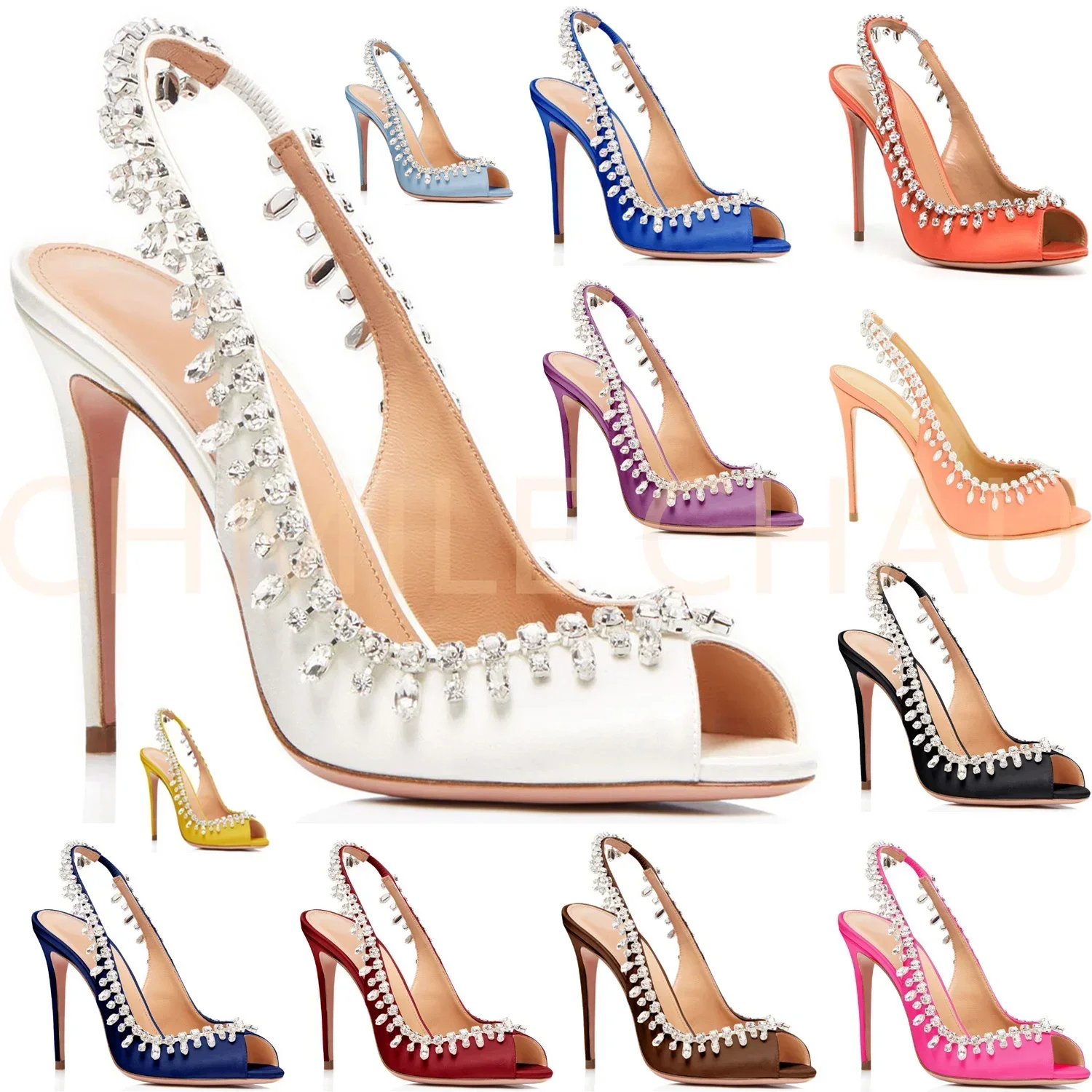 

【Measure your feet length before order】Women Stiletto High Heels Crystal Luxury Pumps Wedding Bridal Dress Lady Shoes 116-CHC-26