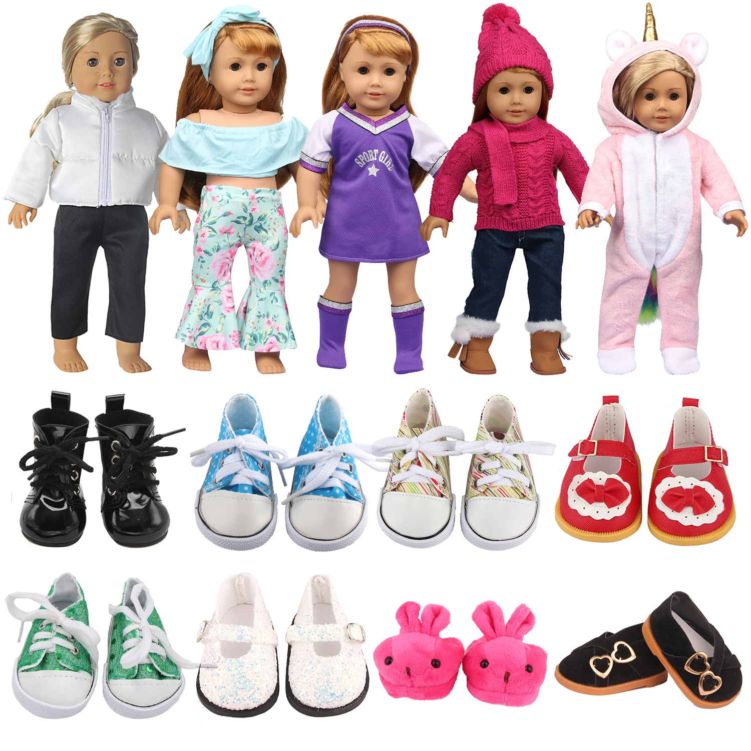 Doll Unicorn Jumpsuits Warm Clothes Boots,Bow Shoes,Canvas Sneakers For American 18 inch&43cm Baby New Born,OG,Life Girl Dolls