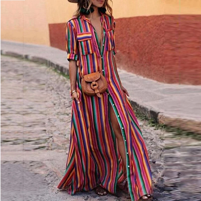 Women's Summer Long Dress 2026 Spring Split-joint Buttons Bohemia Vintage Loose Beach Vacation Striped Maxi Dresses for Woman