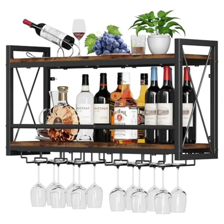 

Wall Mounted Wine Rack Bottle Glass Holder Wood-Metal Retro Wine Rack for Kitchen Dining Room Home Bar Elegant Wall Storage Sol