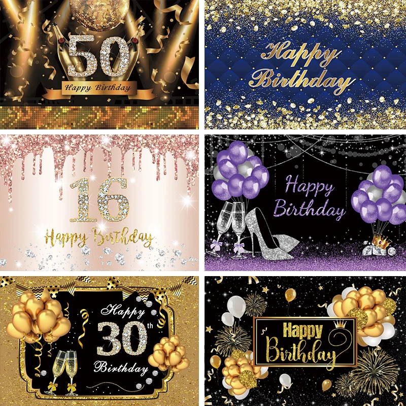 

Laeacco Gold Shiny Spotlight Celebration 30 40 50th Birthday Party Banner Photography Backdrop Balloon Crown Portrait Background