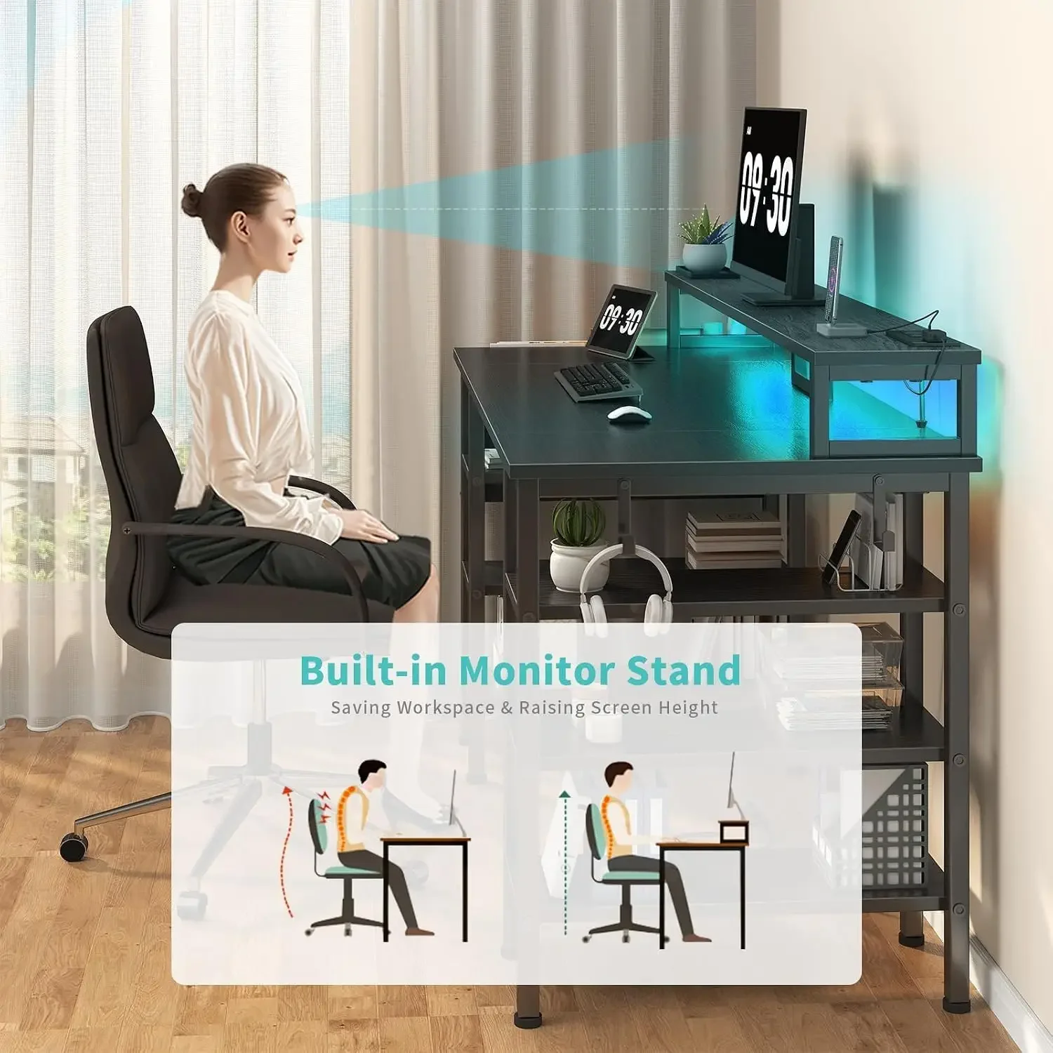 Gaming Desk with LED Lights and Storage Shelves, 47 inch Computer Desk with Power Outlets, Home Office Desk with Monitor - view 5