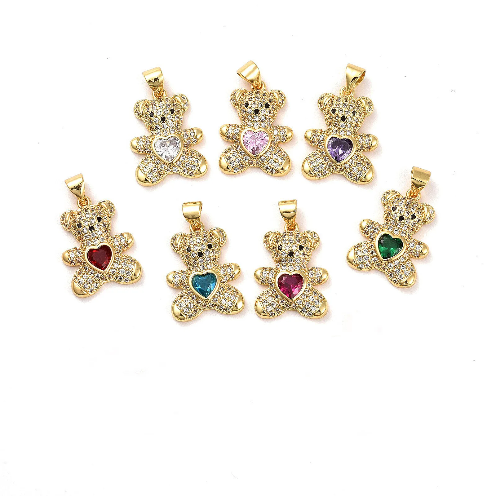 

10pcs Metal Cubic Zirconia Pendants Gold Plated Bear with Heart Mixed Color for Making DIY Jewelry Necklace Key Chain Earring