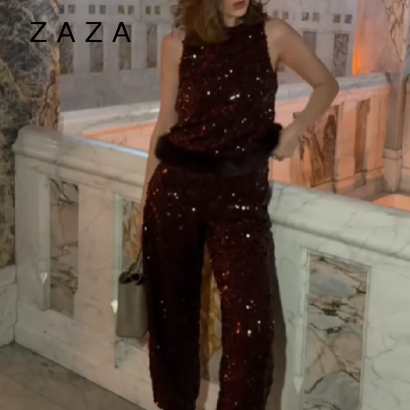

Zaza Sexy Shinny Sequins Top Pant Sleeveless Top O Neck Furry Hem Crop Vest Low Waist Loose Trousers 2025 New Lady Streetwear