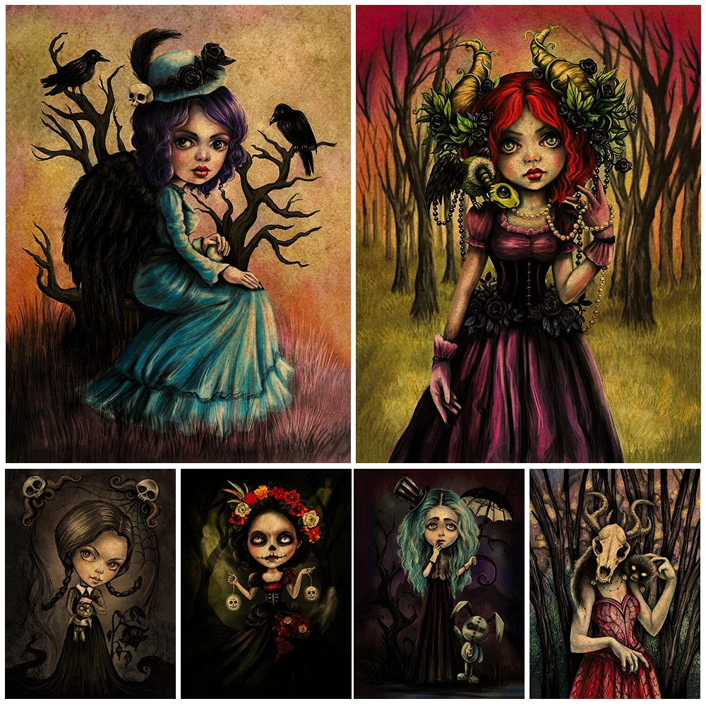 

The Creepy Twins And Bird Lady Gothic Horror Art Poster Print Home Decor The Fox Witch Vintage Wall Art Canvas Painting Unframed