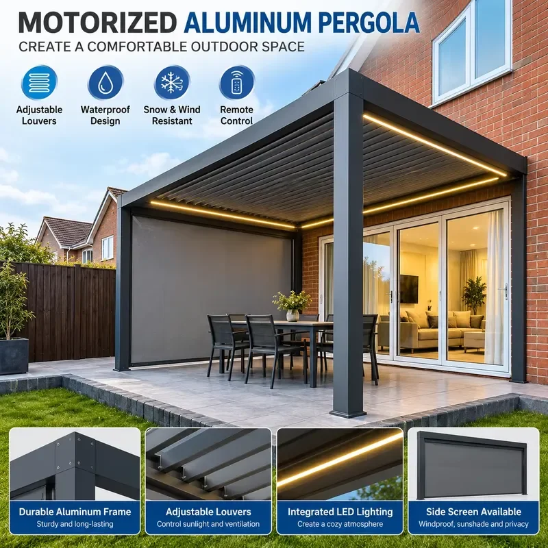 Motorized Aluminum Pergola with Integrated LED Light Adjustable Louver Roof All Weather Resistant for Backyard Factory Supply