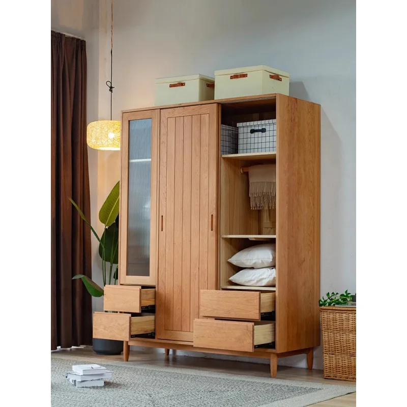 Solid wood wardrobe household small apartment sliding door storage clothing cabinet bedroom sliding locker