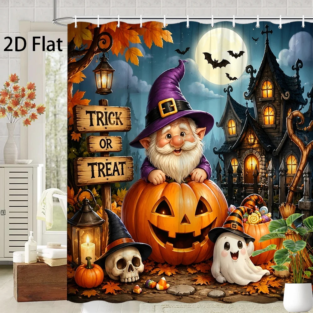 Funny Gnome Shower Curtain, Trick or Treat Sign & Pumpkin Print Waterproof Bathroom Decor, Spooky Halloween Home Bath Screen