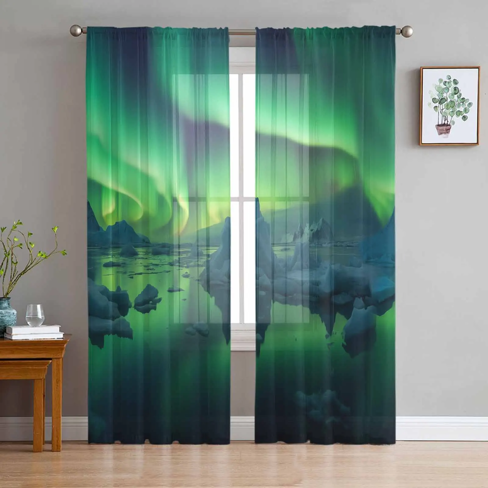 Holiday Aurora Icelandic Scenery Voile Sheer Curtains Living Room Window Tulle Curtain Kitchen Bedroom Drapes Home Decor