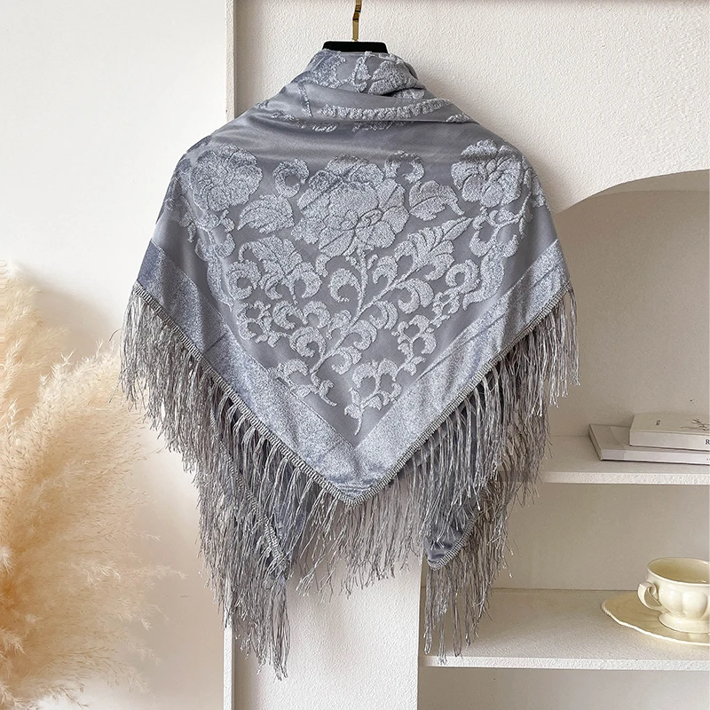 2025 New Spring and Summer Brand 110X110cm Retro National Style Velvet Jacquard Fringe Square Scarf Fashion Sunscreen Lady Shawl