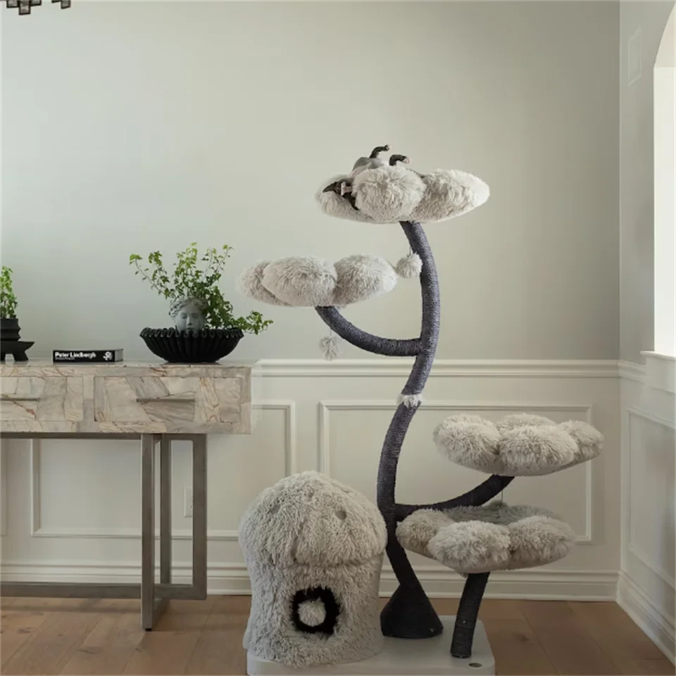 

Gray Luxury Modern Cat Tree Tower Wooden Flower Cat Tree Wood Floral Cat climbing Tree Tower for scratcher christmas