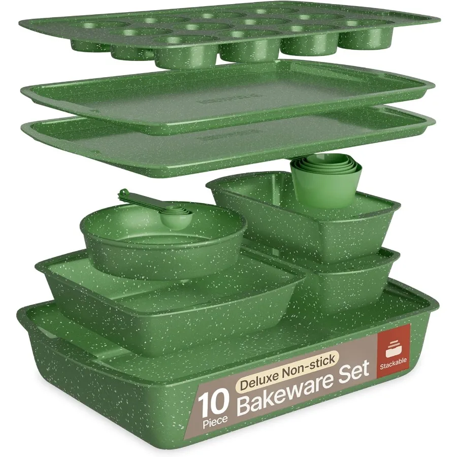 

Green 10Piece Bakeware Sets Nonstick Carbon Steel Baking Sheet and Pans Stackable SpaceSaving Bakeware Dishwasher Safe Stainres
