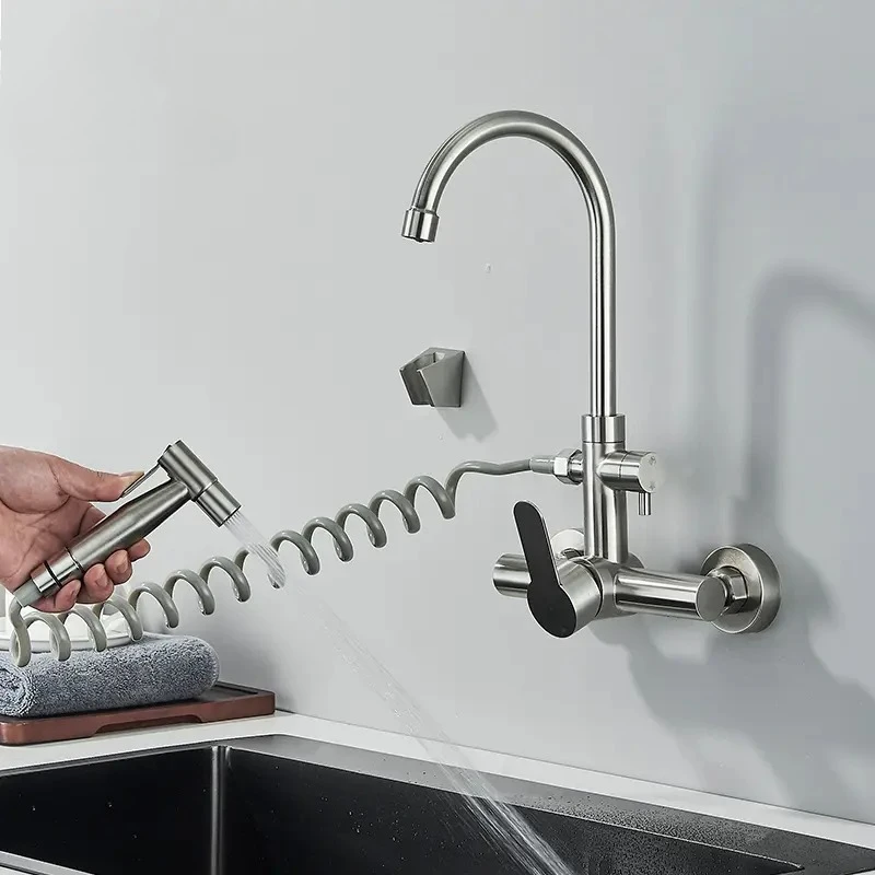 Kitchen Faucet with Spray Gun Wall Mounted Hot Cold Water Mixer Tap Rotatable Faucets Dual Water Mode No Dead Corner Cleaning