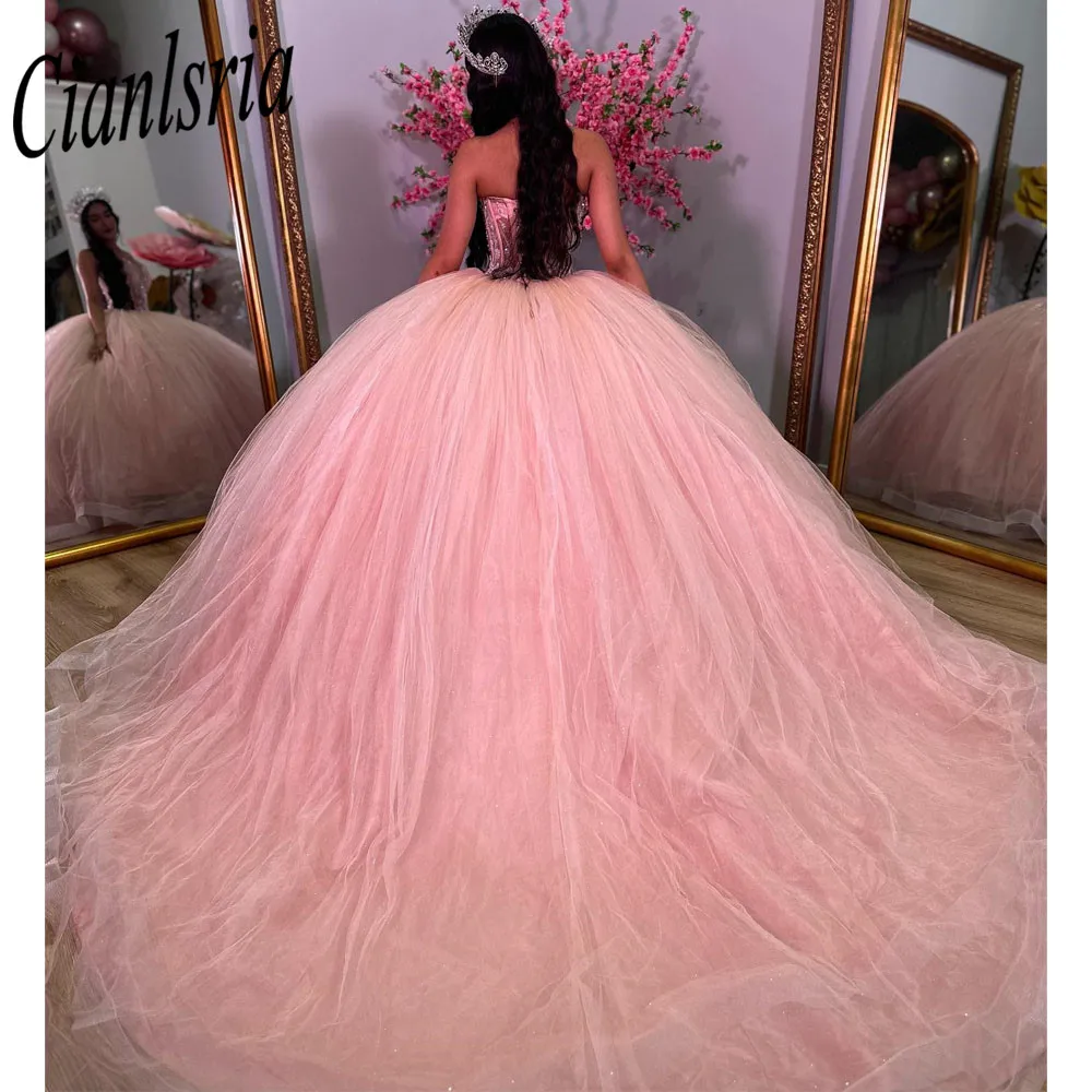 Pink Illusion Beading Crystal Quinceanera Vestidos, vestido de baile, sem alças, saia destacável, Sweet 15 Appliques