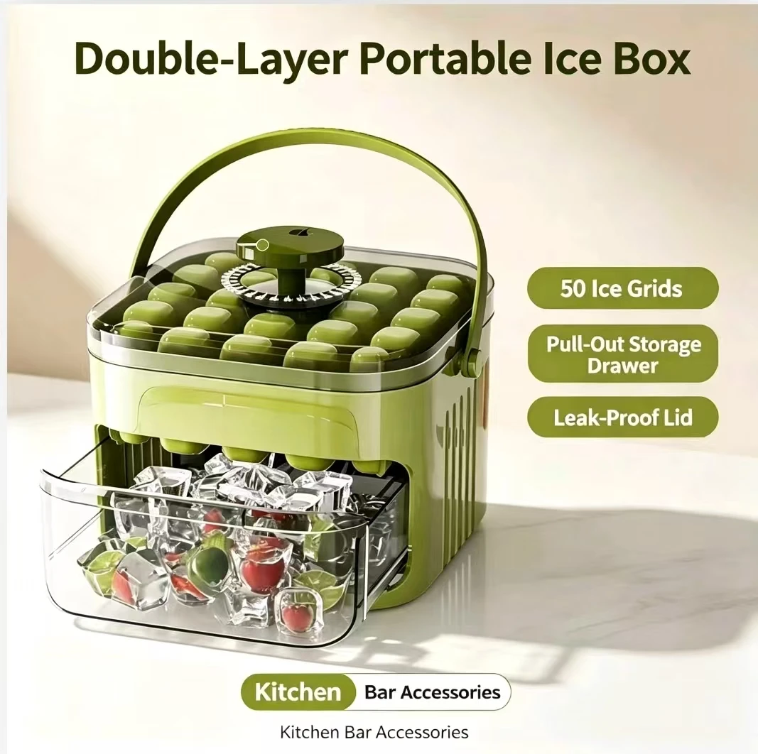 Compact Double Layer Ice Cube Tray With Lid & Storage Bin, Pull-Out Ice Drawer With Portable Handle Kitchen Accessories Gadgets