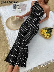 JIM & NORA One Shoulder Sleeveless Dot Printed Casual Jumpsuits Summer Wide Leg Pants Rompers Outdoor Holiday Fashion Sexy