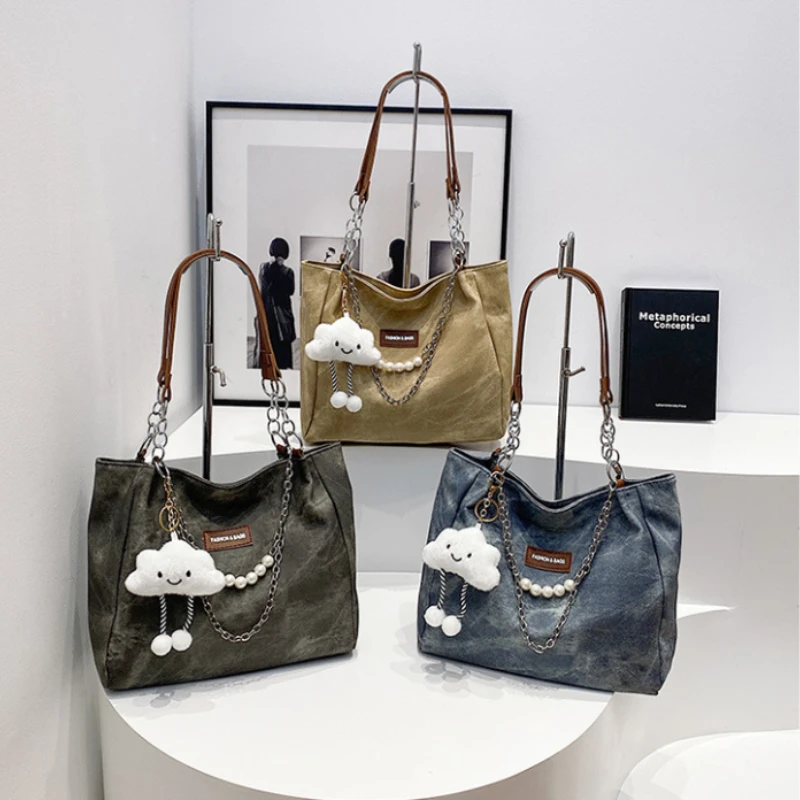 Women Tie Dye Denim Shoulder Bag with Cloud Pendant Pearl Chain Casual Daily School Handbag Shoulder Bags for Women's Totes Bags