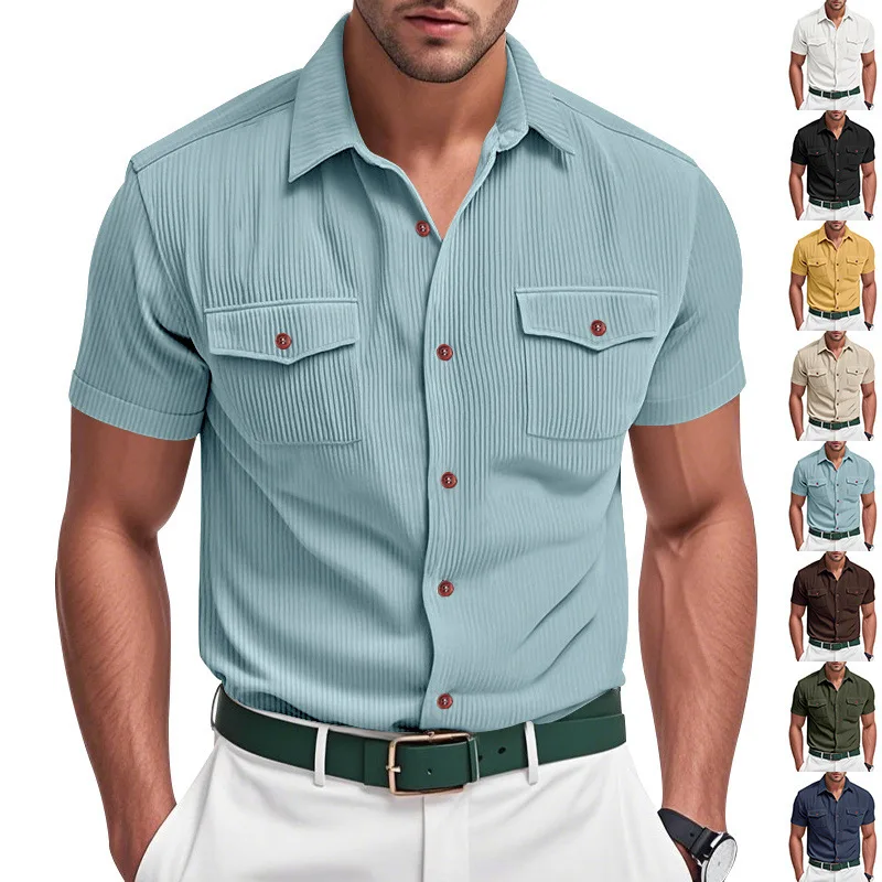 

American-Style Summer Men's Casual Outdoor Loose-Fit Collared Corduroy Workwear Short-Sleeve Shirt